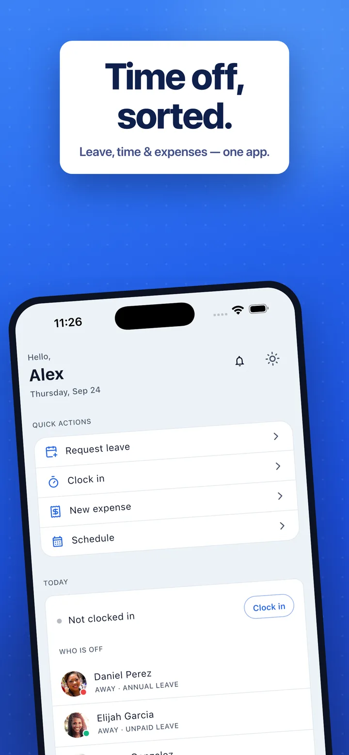 Time off, sorted — quick actions and who is off at a glance