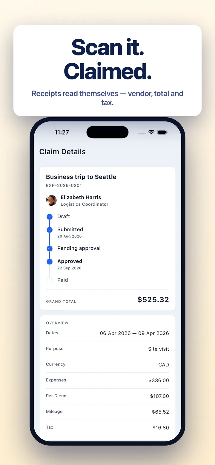 Scan it, claimed — receipts read themselves with vendor, total, and tax