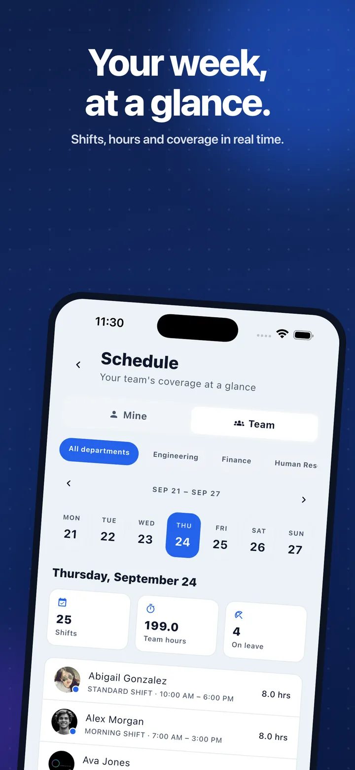 Your week at a glance — shifts, hours, and coverage in real time