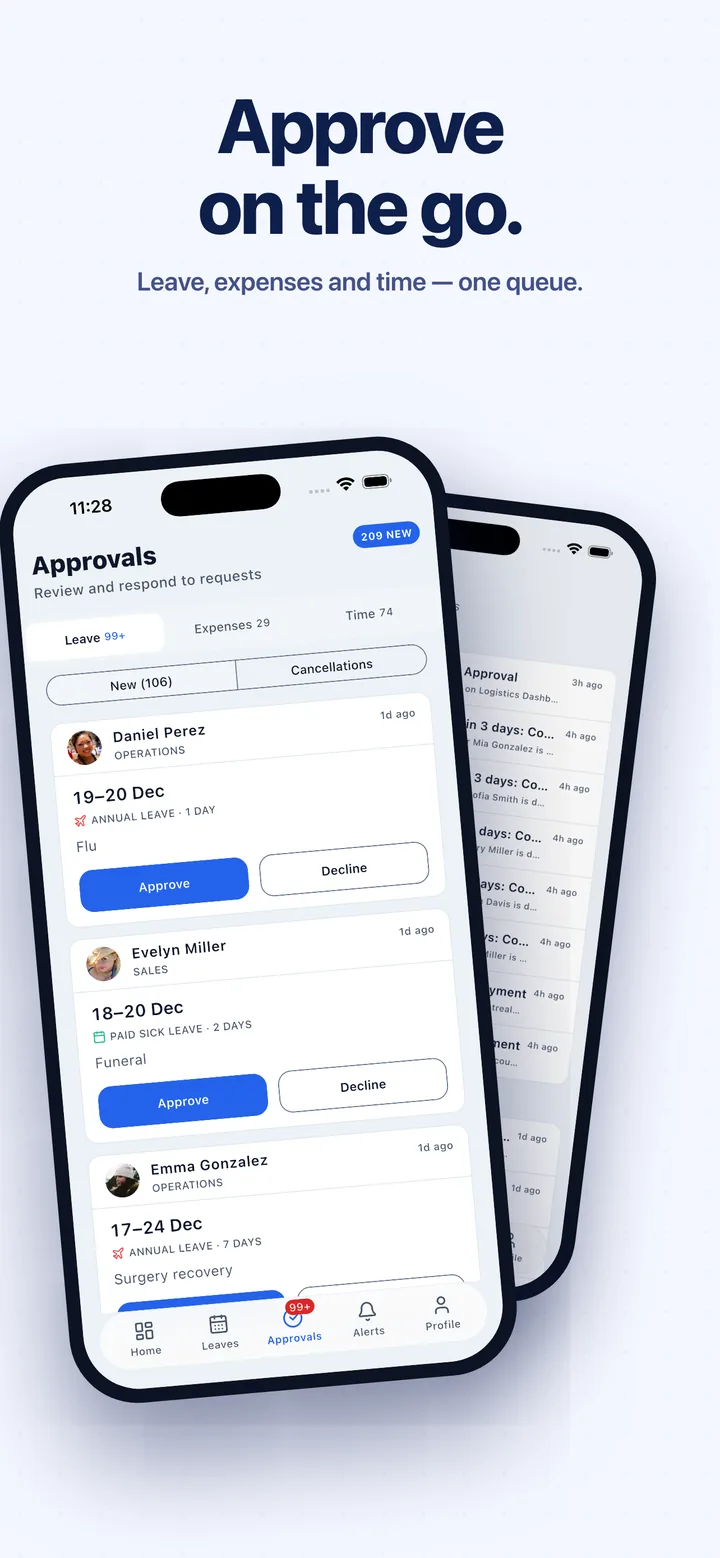 Approve on the go — leave, expenses, and time in one queue