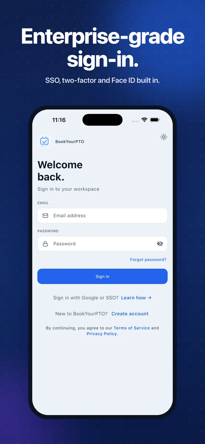 Enterprise-grade sign-in — SSO, two-factor and Face ID built in