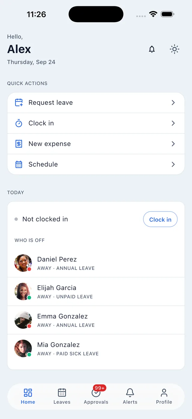 The BookYourPTO iPhone home screen with quick actions and who is off