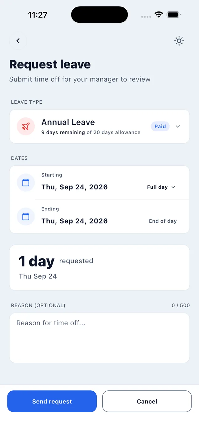 Requesting leave in the BookYourPTO iPhone app