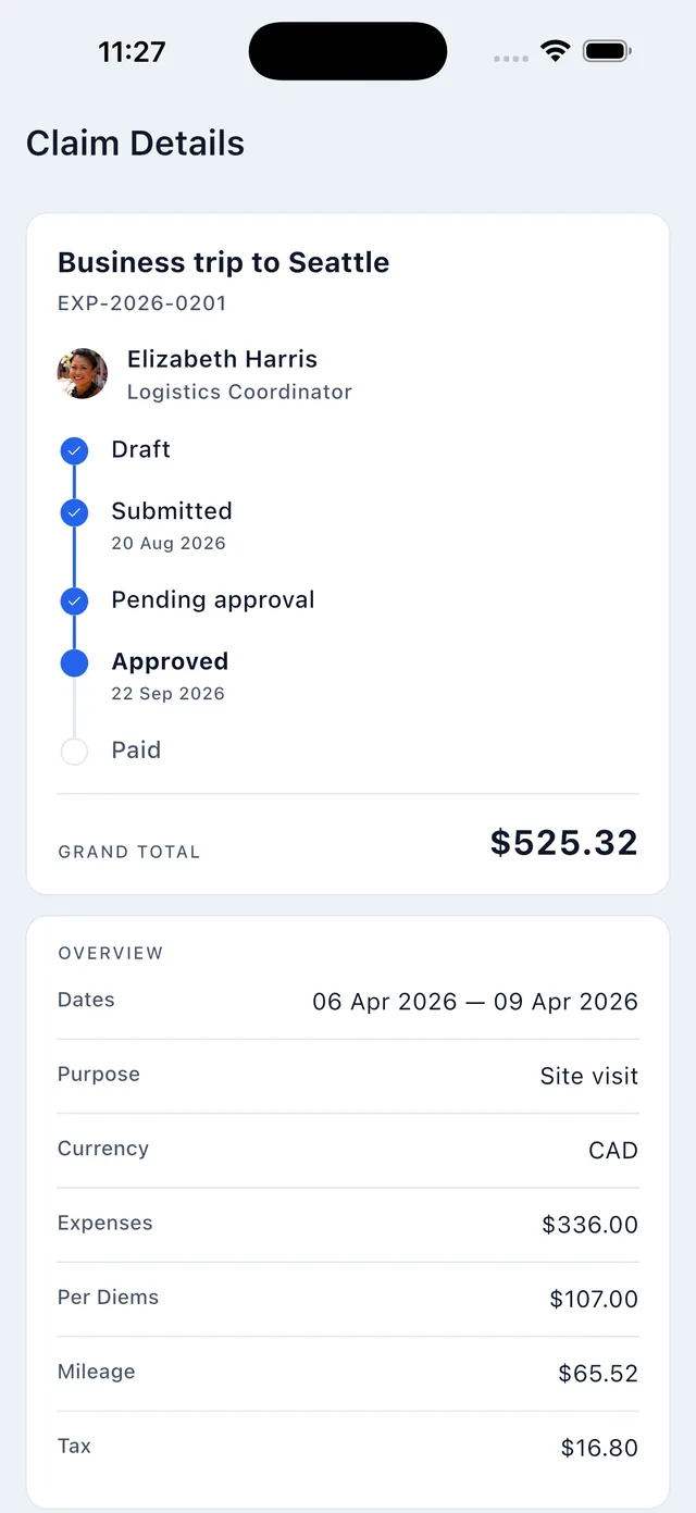 An expense claim and its approval progress on iPhone