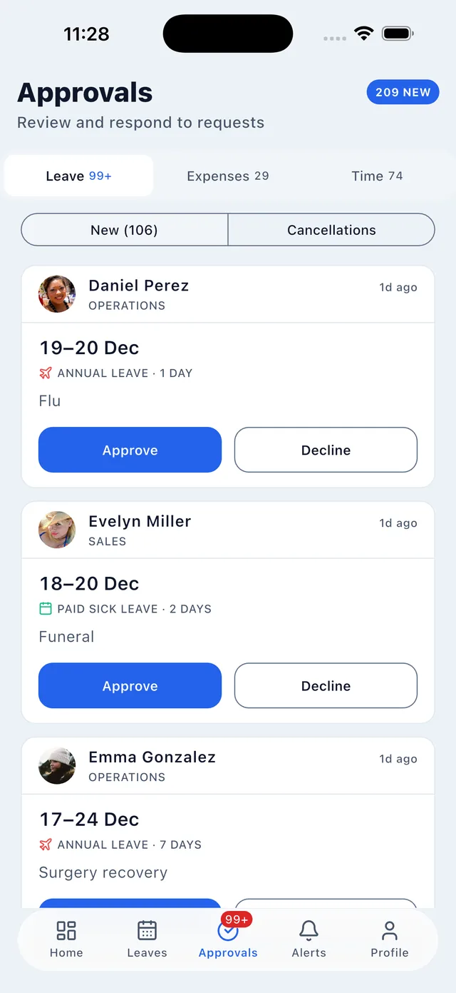 Approving a leave request in the BookYourPTO iPhone app