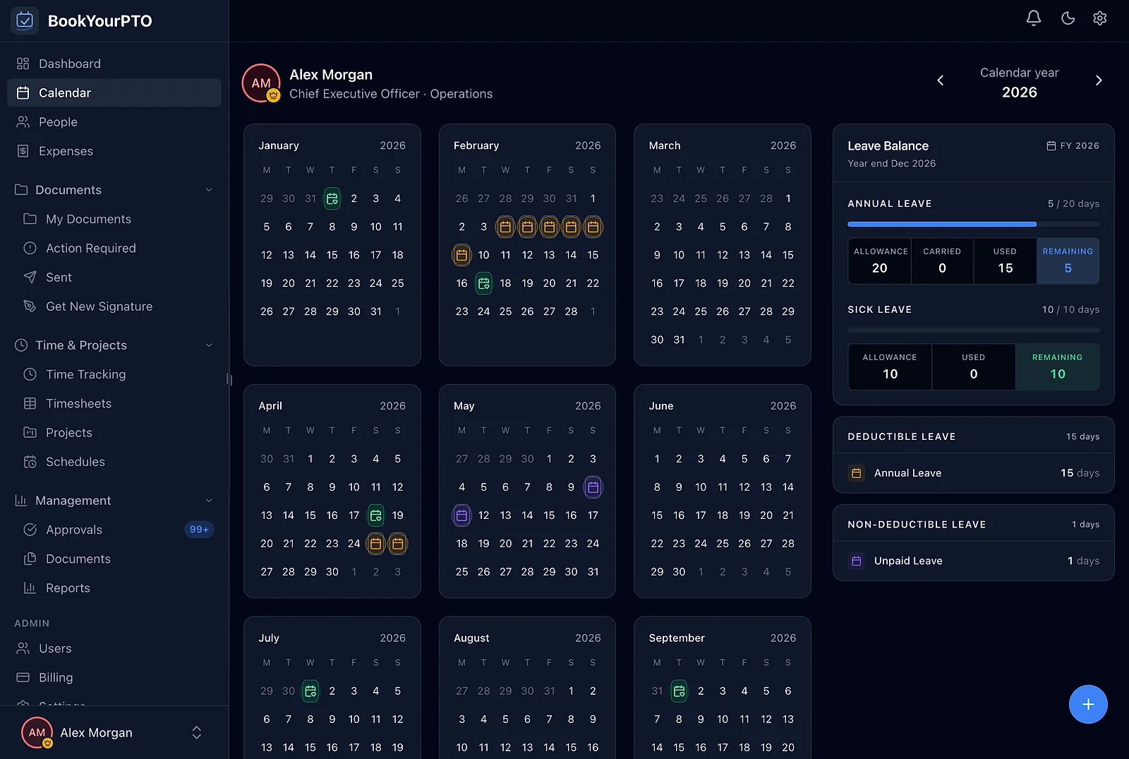 Interactive calendar view showing the team leave schedule with colour-coded leave types