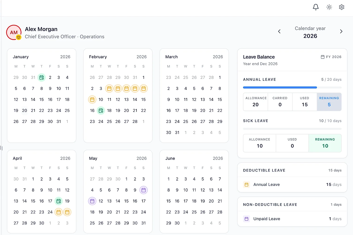 A full-year leave calendar with balances, carry-over, and deductible leave