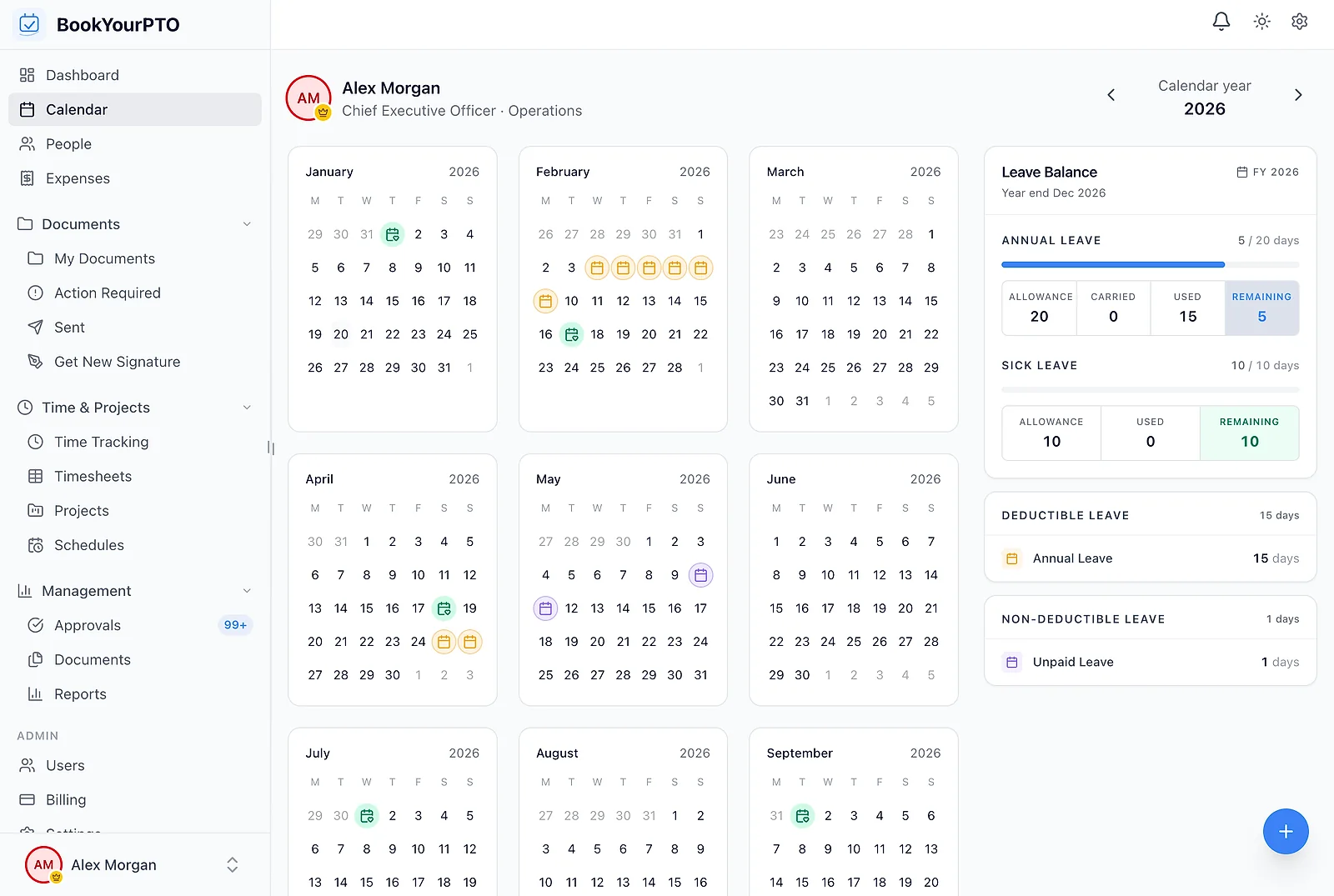 Interactive calendar view showing the team leave schedule with colour-coded leave types