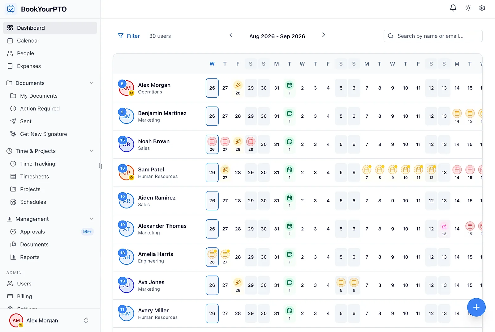 The BookYourPTO dashboard showing a month of team leave across thirty people
