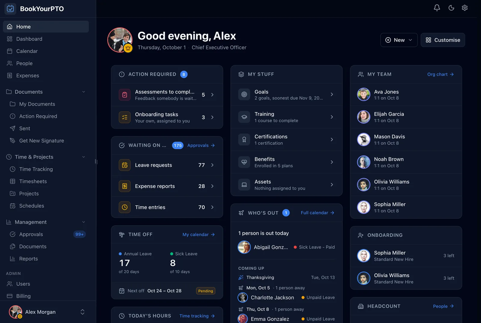 The BookYourPTO Home page: what needs you, requests waiting on you, your time off, who is out and your team