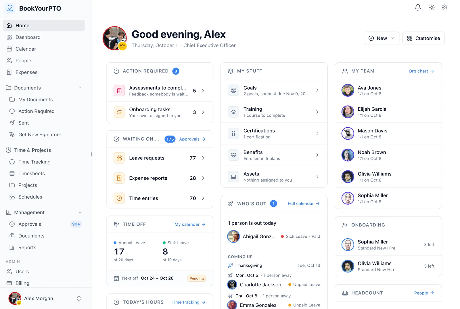 The BookYourPTO Home page: what needs you, requests waiting on you, your time off, who is out and your team